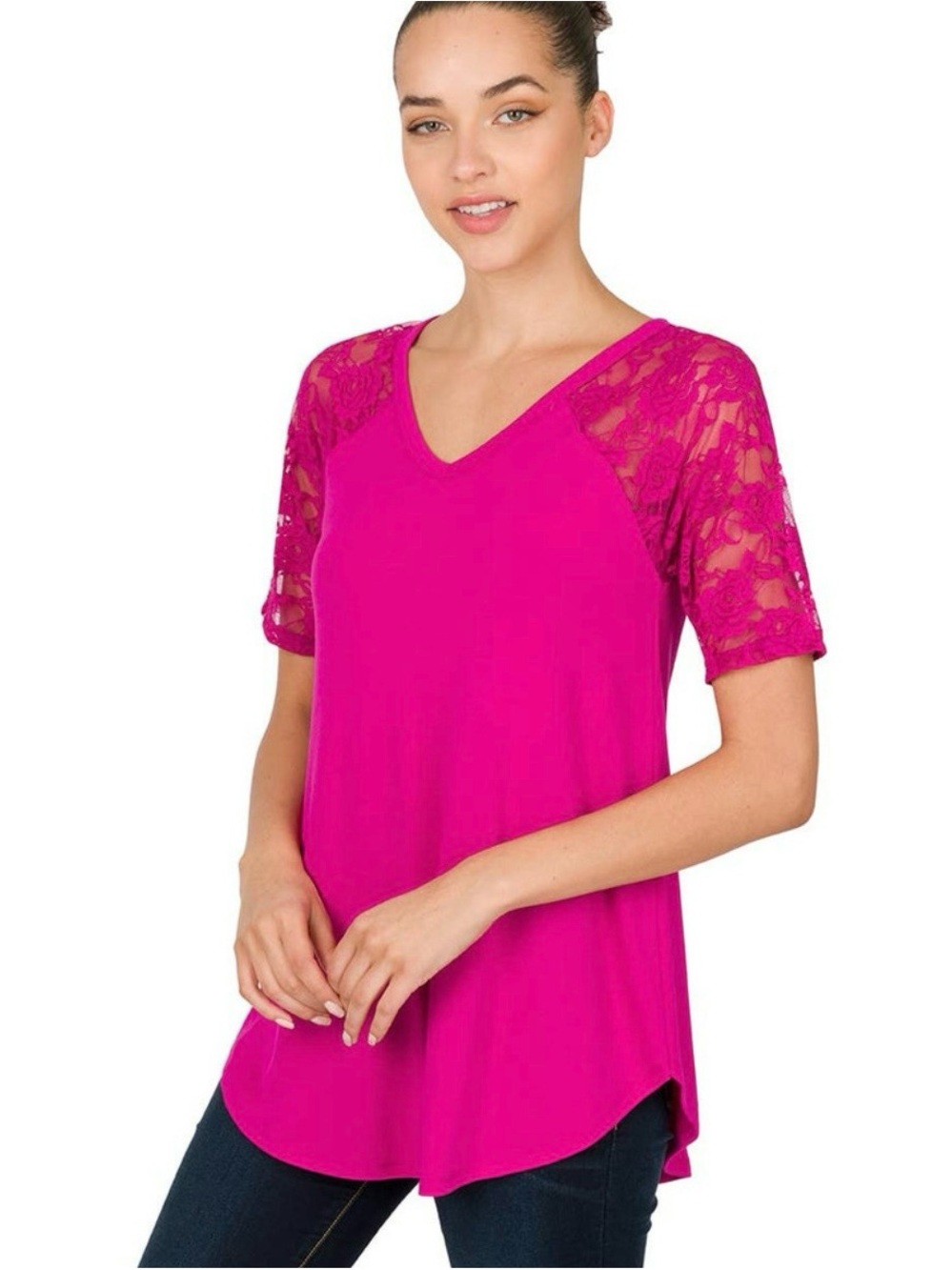 Zenana Outfitters Fuchsia Lace Sleeve V-Neck Short Sleeve Top